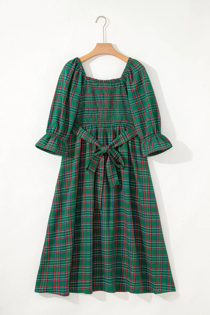 Tartan Plaid Square Neck Puff Sleeve Knot Waist Flared Midi Dress - Dresses/Midi Dresses