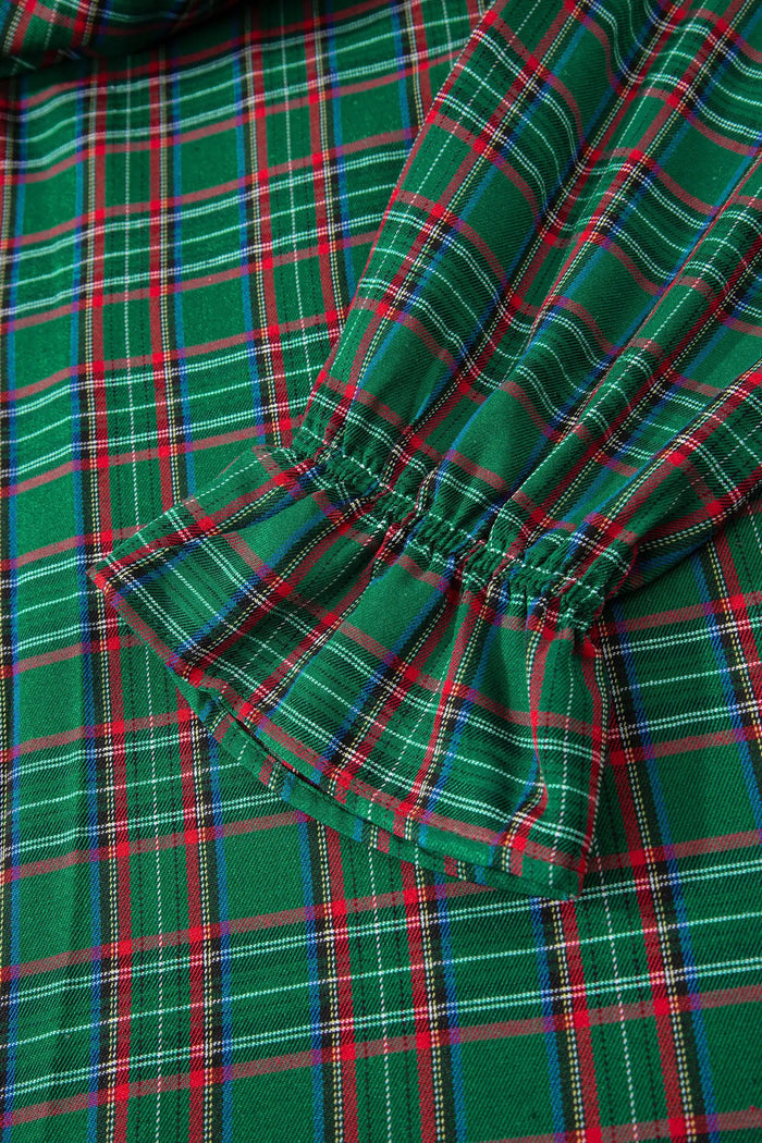Tartan Plaid Square Neck Puff Sleeve Knot Waist Flared Midi Dress - Dresses/Midi Dresses