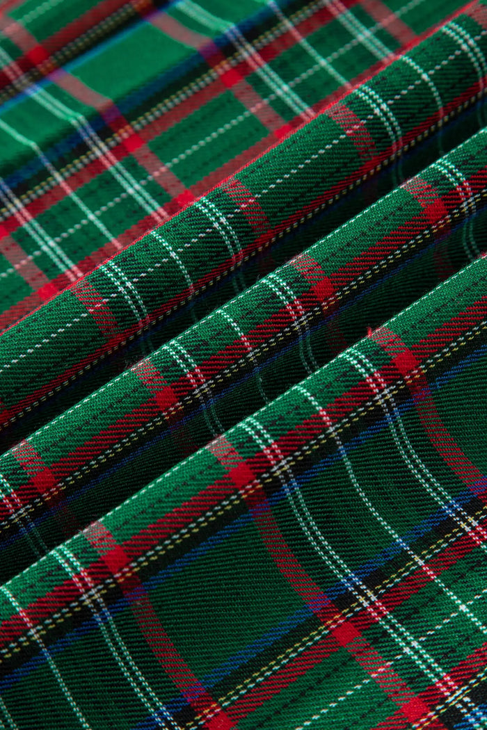 Tartan Plaid Square Neck Puff Sleeve Knot Waist Flared Midi Dress - Dresses/Midi Dresses