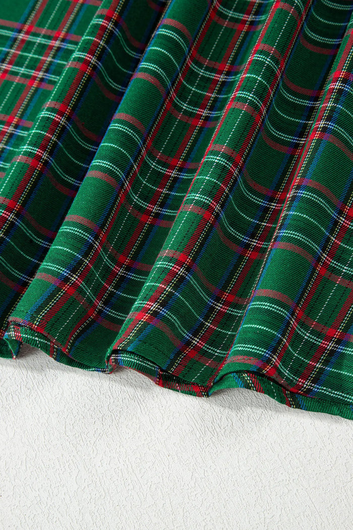Tartan Plaid Square Neck Puff Sleeve Knot Waist Flared Midi Dress - Dresses/Midi Dresses