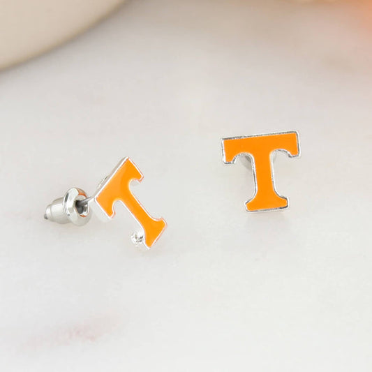 Orange 'T' logo earrings on a light gray background