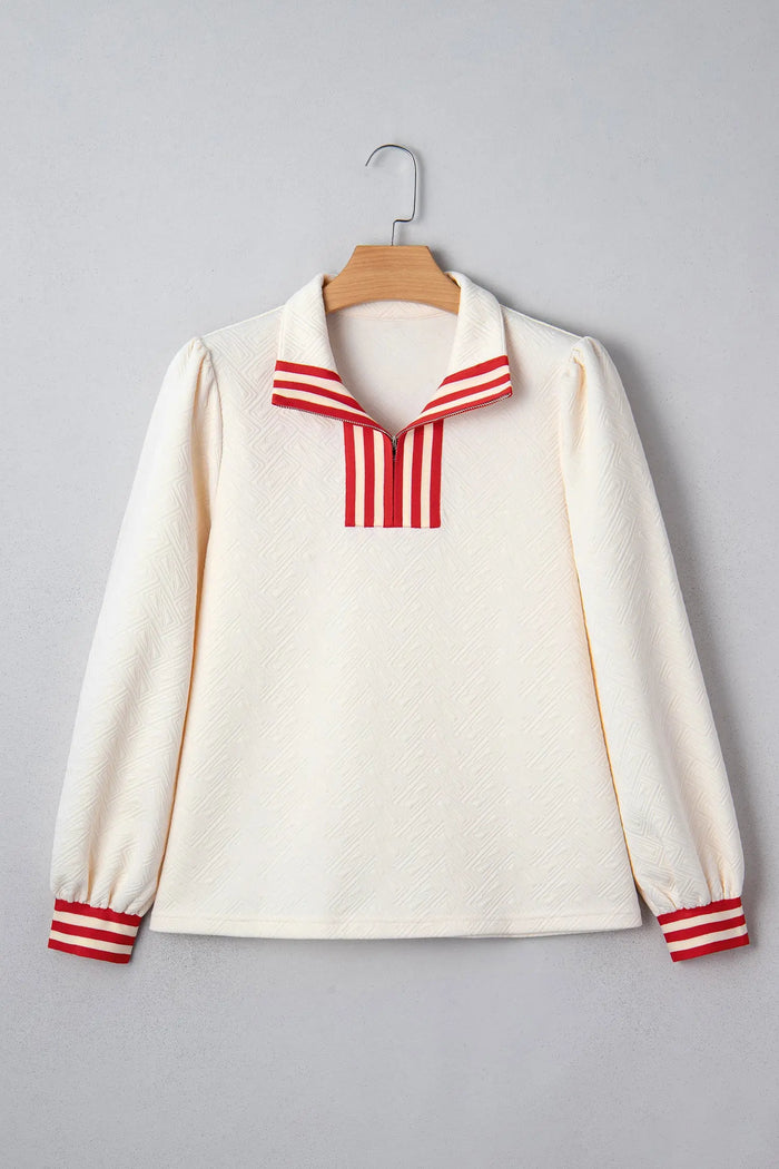 Textured Contrast Striped Accent Zip Collar Pullover Top - Tops/Long Sleeve Tops