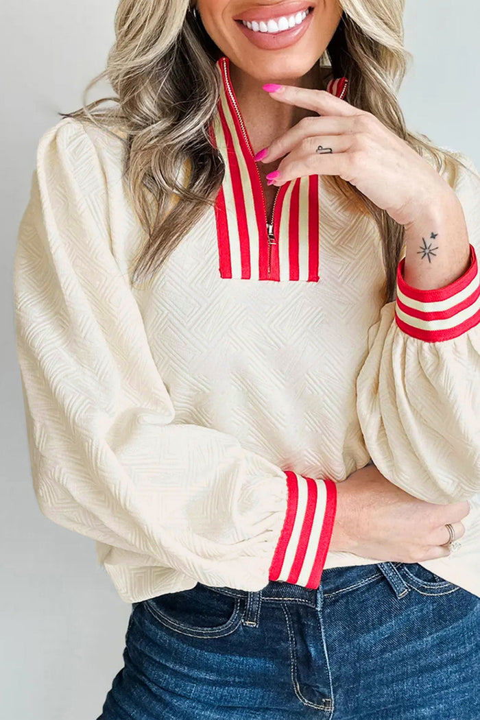 Textured Contrast Striped Accent Zip Collar Pullover Top - Cream / S - Tops/Long Sleeve Tops