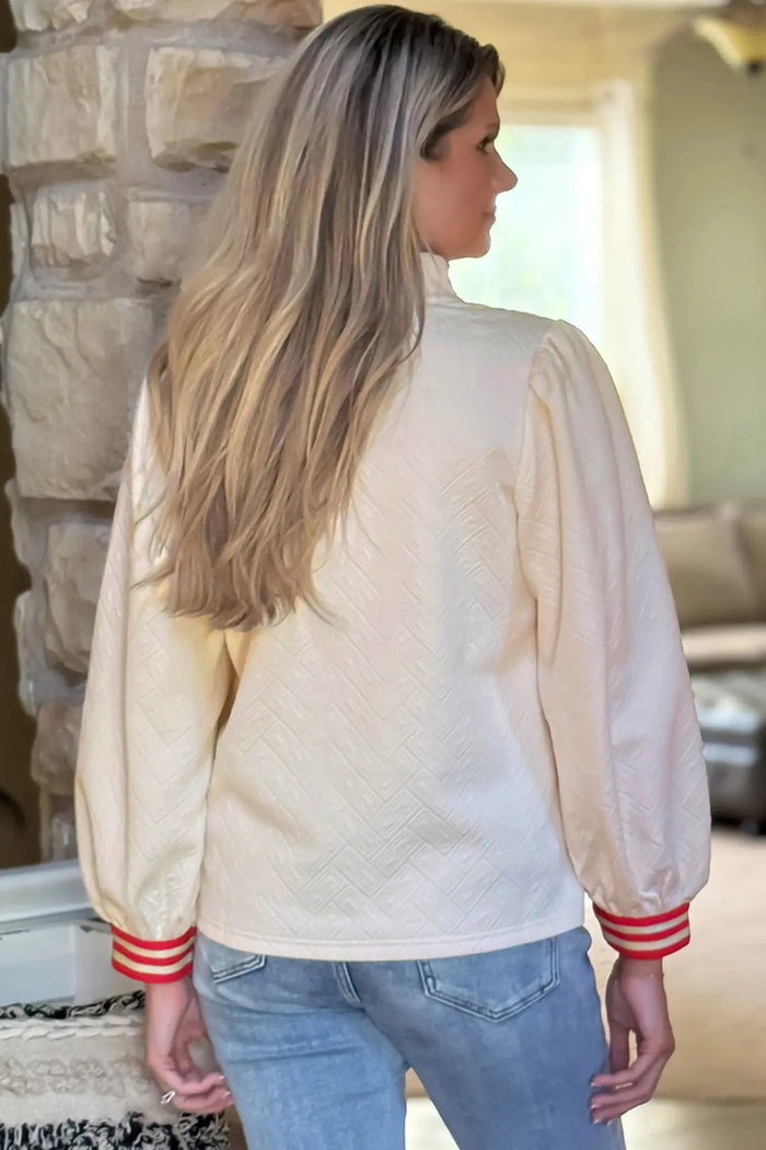 Textured Contrast Striped Accent Zip Collar Pullover Top - Tops/Long Sleeve Tops
