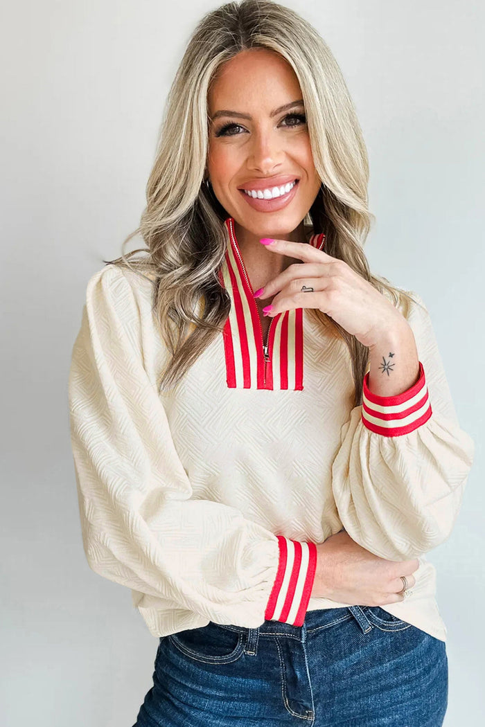Textured Contrast Striped Accent Zip Collar Pullover Top - Tops/Long Sleeve Tops
