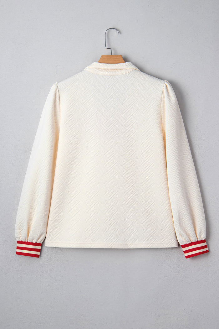Textured Contrast Striped Accent Zip Collar Pullover Top - Tops/Long Sleeve Tops