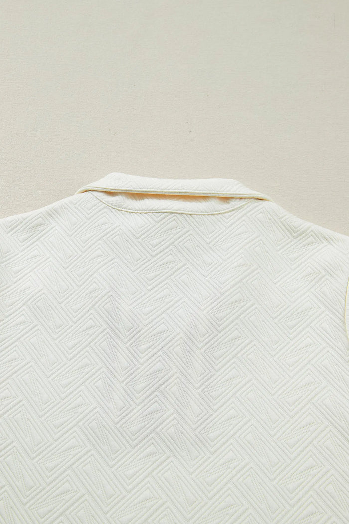 Textured Contrast Striped Accent Zip Collar Pullover Top - Tops/Long Sleeve Tops
