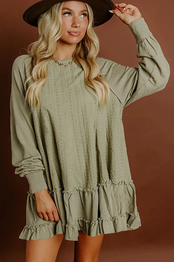 Textured Frilled Ruffled Long Sleeve Mini Dress