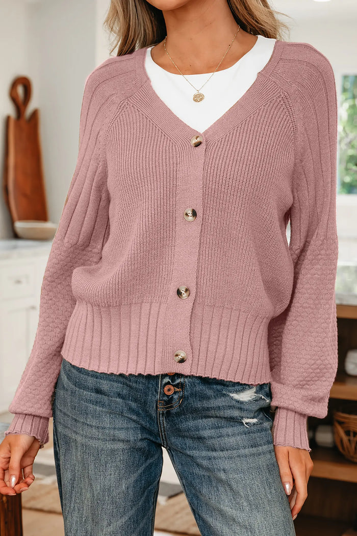 Textured Knit Button V-Neck Cardigan