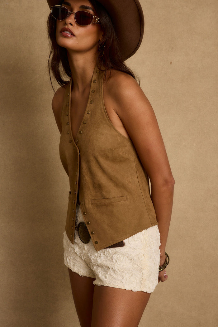 Full-length view of the camel top showing the drape and movement.