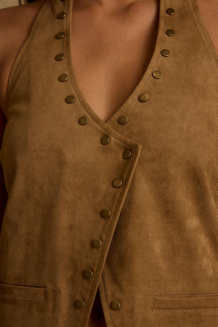 Thatcher Camel Suede Studded Top shown in a complementary styling arrangement.