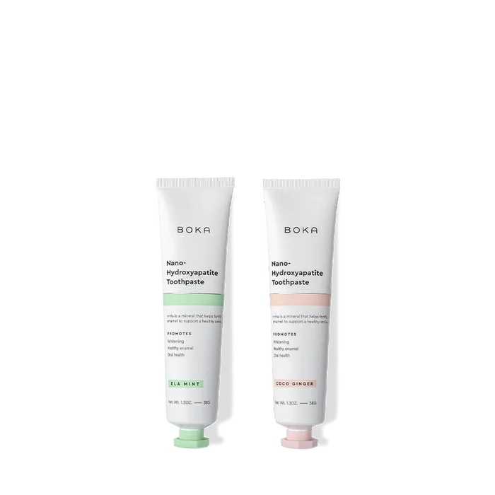 Travel Duo n-Ha Toothpaste 2-Pack: two travel tubes with nano-hydroxyapatite, Ela Mint & Coco Ginger.