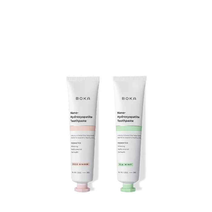 Travel Duo n-Ha Toothpaste 2-Pack: Coco Ginger & Ela Mint, travel size tubes with nano-hydroxyapatite.