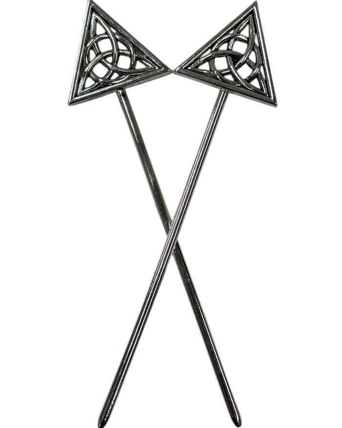 Silver-tone Unity Hair Sticks with Celtic knot triangle design, decorative metal hair pins crossed in front view for buns, updos, and elegant hairstyles.