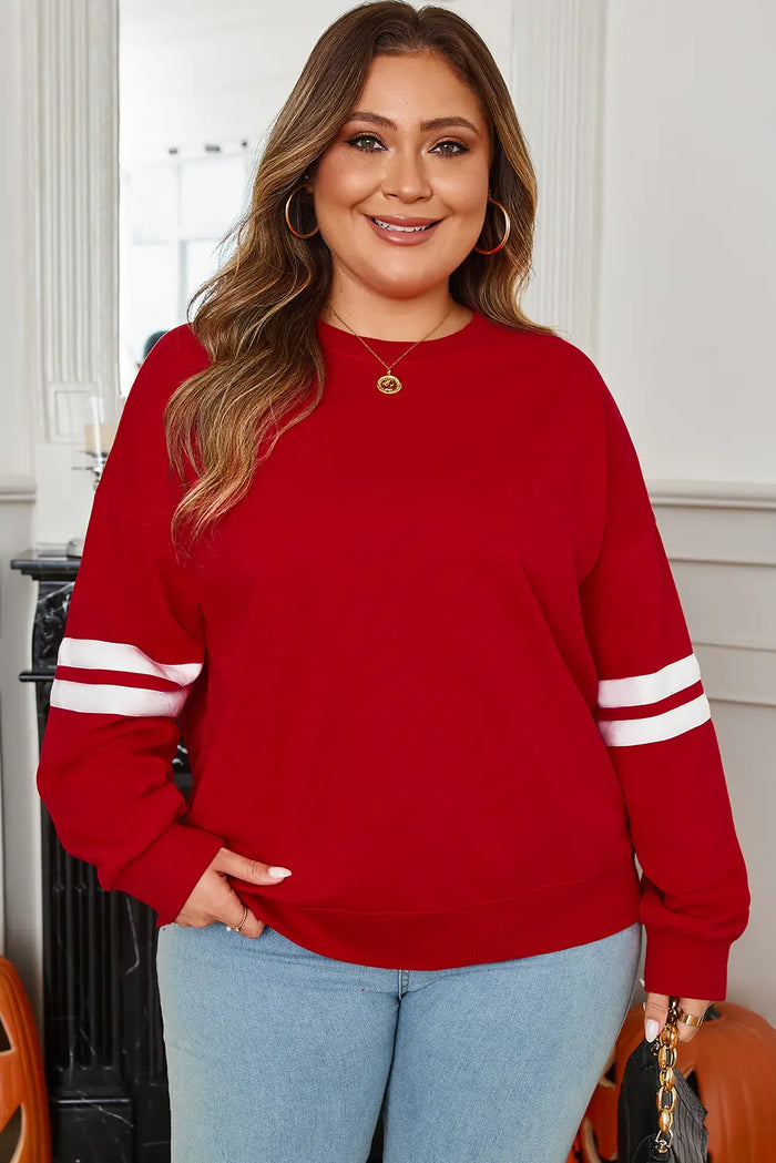 Varsity Striped Detail Crew Neck Plus Size Sweatshirt - Red / 1X - Size/Plus Sweatshirts & Hoodies