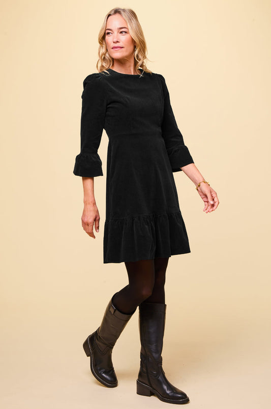 Victoria Short Stretch Corduroy Dress | Black - Aspiga