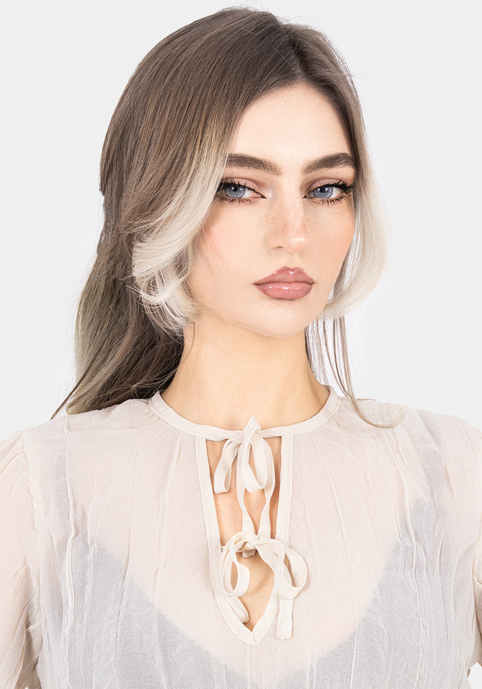 Villain Textured Tie Front Peplum Blouse - White