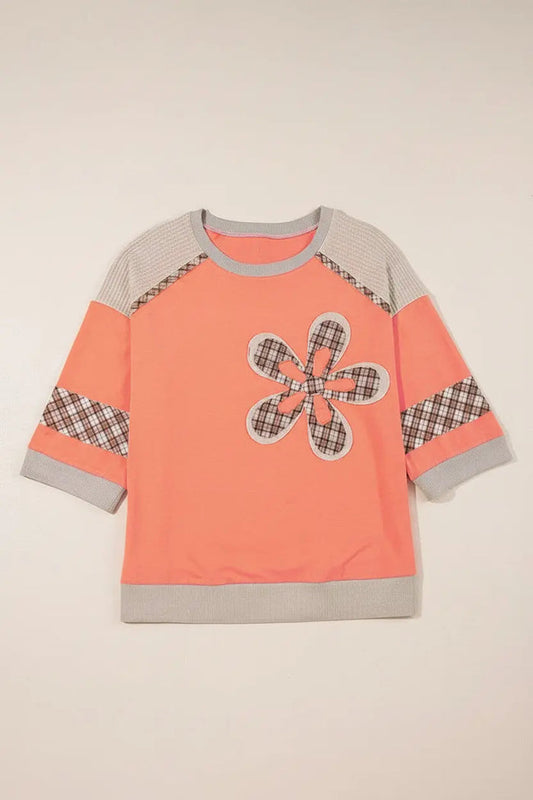 Waffle Flower Patchwork Bracelet Sleeve Top - Tops/Long Tops