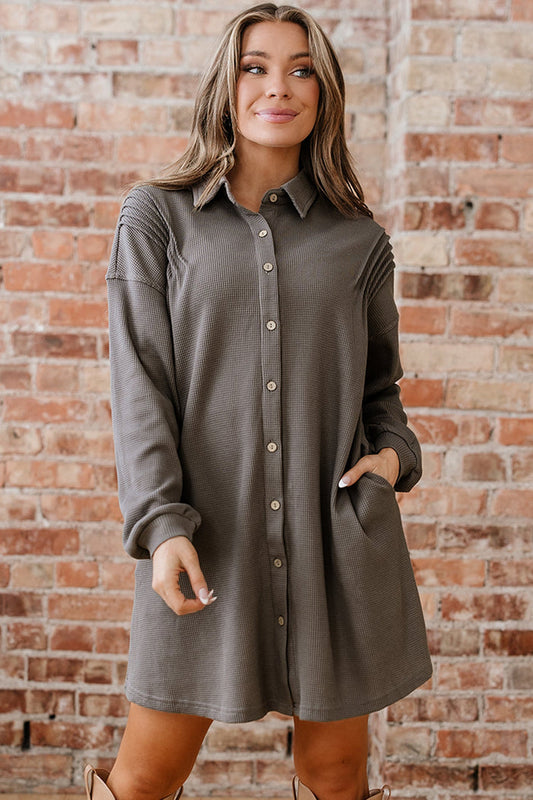 Waffle Knit Shirt Tunic Dress - Taupe / S - Dresses/Mini Dresses