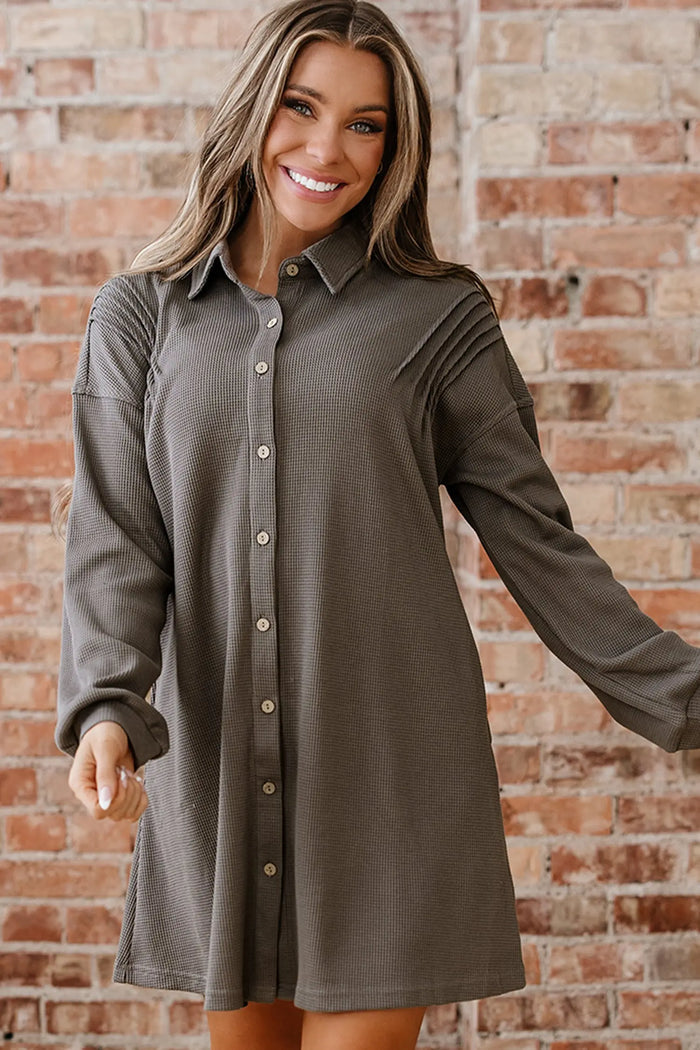Waffle Knit Shirt Tunic Dress - Dresses/Mini Dresses