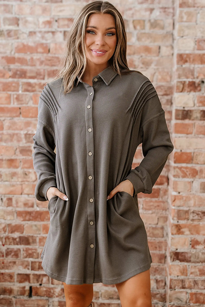 Waffle Knit Shirt Tunic Dress - Dresses/Mini Dresses