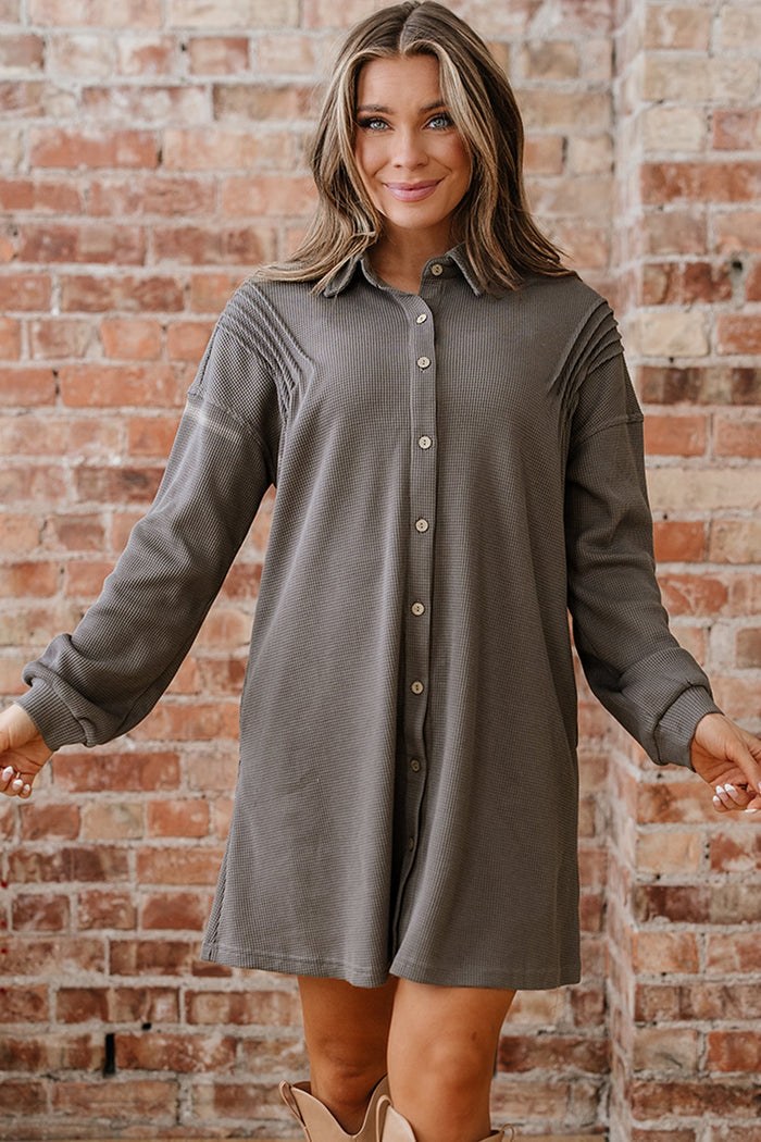 Waffle Knit Shirt Tunic Dress - Dresses/Mini Dresses