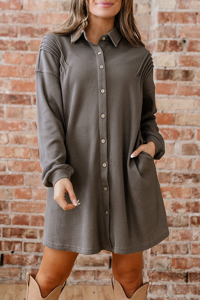 Waffle Knit Shirt Tunic Dress - Dresses/Mini Dresses