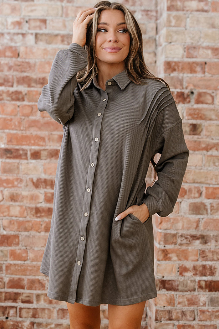 Waffle Knit Shirt Tunic Dress - Dresses/Mini Dresses
