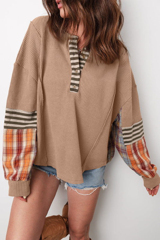 Waffle Striped Plaid Patchwork Henley Knit Top - Beige / S - Tops/Long Sleeve Tops