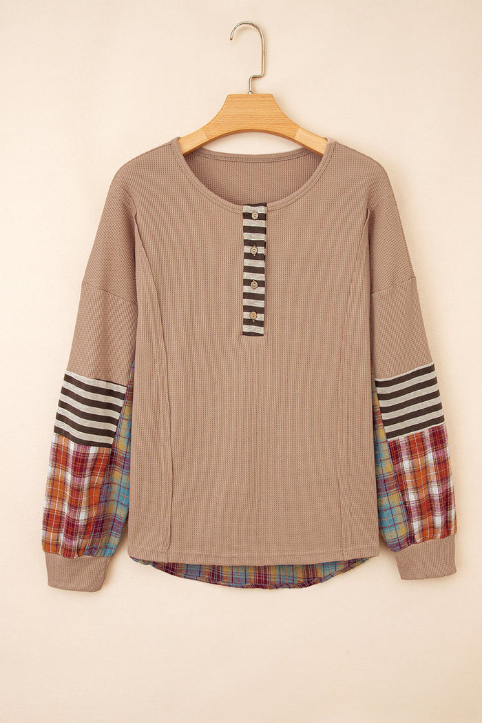 Waffle Striped Plaid Patchwork Henley Knit Top - Tops/Long Sleeve Tops