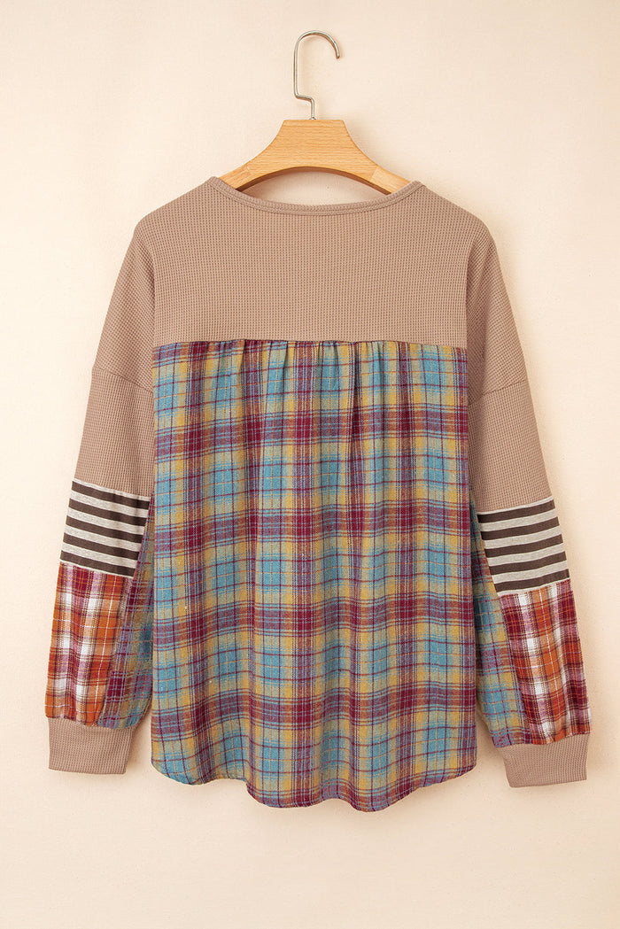 Waffle Striped Plaid Patchwork Henley Knit Top - Tops/Long Sleeve Tops