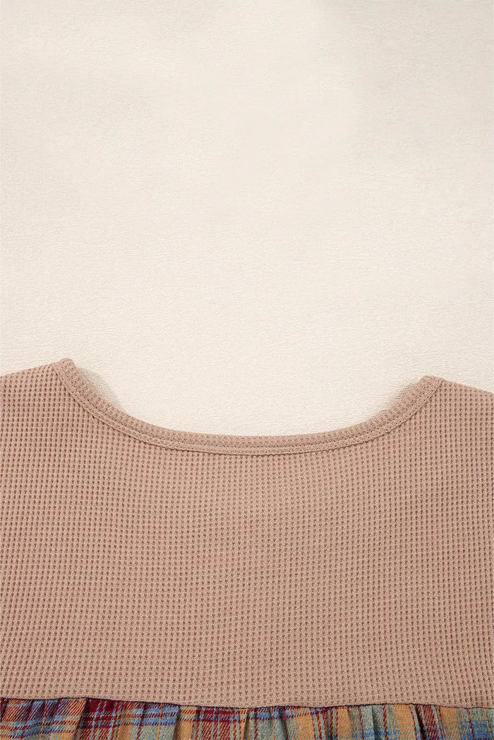 Waffle Striped Plaid Patchwork Henley Knit Top - Tops/Long Sleeve Tops