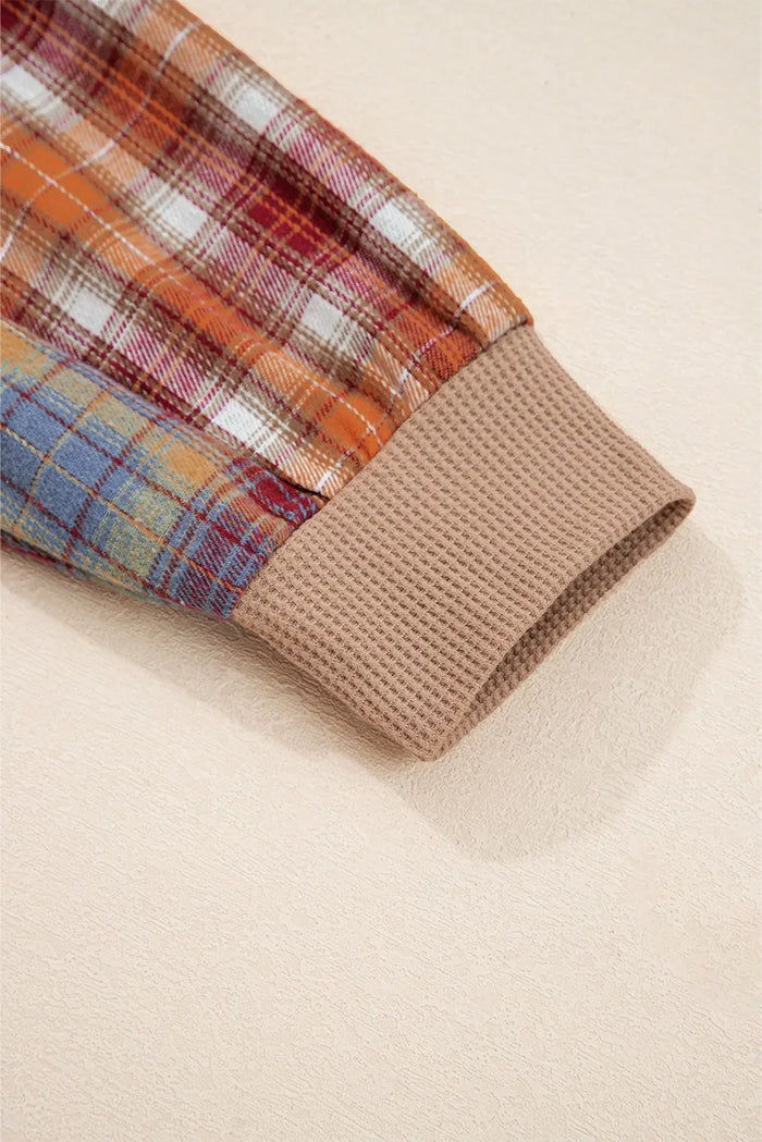 Waffle Striped Plaid Patchwork Henley Knit Top - Tops/Long Sleeve Tops