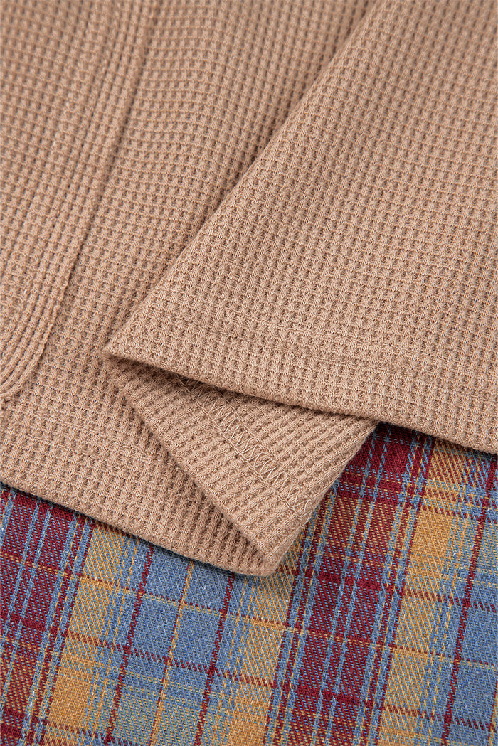Waffle Striped Plaid Patchwork Henley Knit Top - Tops/Long Sleeve Tops