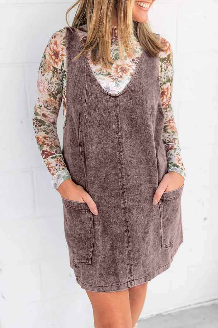 Washed Denim V-Neck Suspender Mini Dress - Taupe / S - Dresses/Mini Dresses