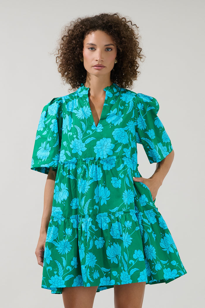Waterlilly Floral Dixie Split Neck Shift Dress