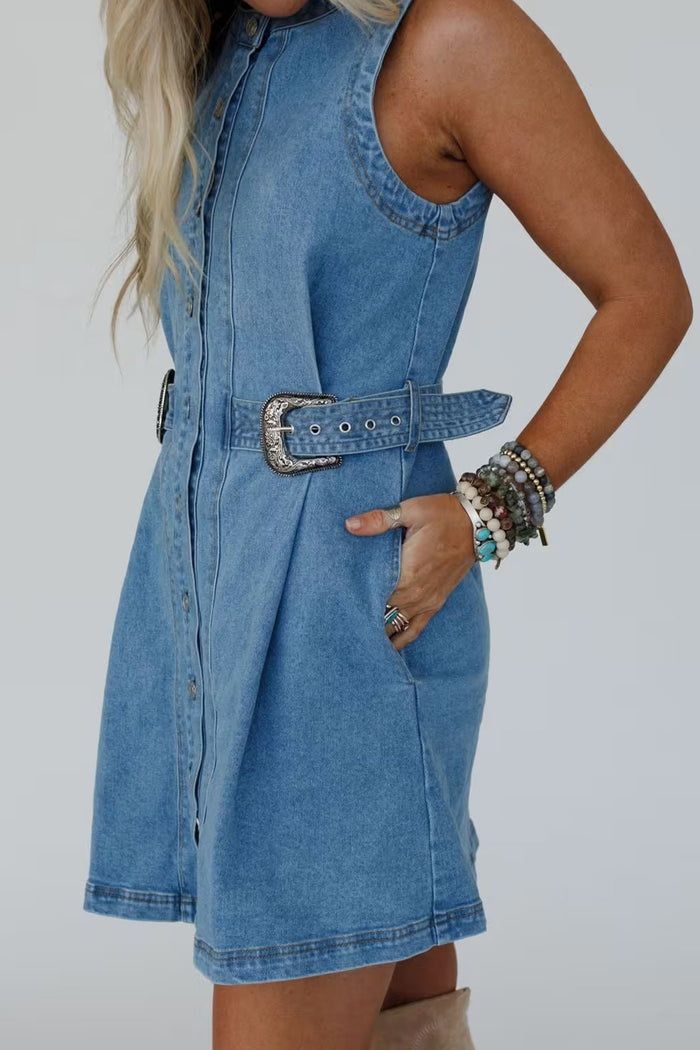 Western Belt Button Down Sleeveless Denim Short Dress