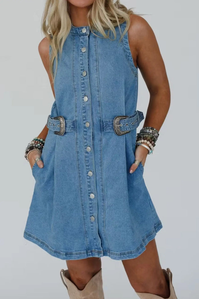 Western Belt Button Down Sleeveless Denim Short Dress