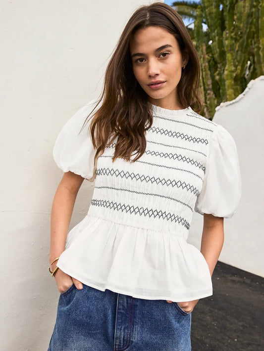 White Cotton Voile Shirred Bodice Top