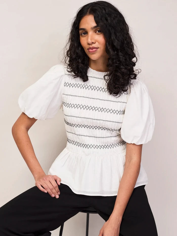 White Cotton Voile Shirred Bodice Top