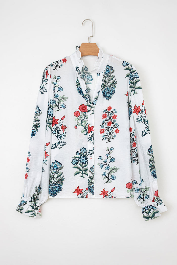 White Floral Print Frilled Collar V-Neck Long Sleeve Shirt - Tops/Blouses & Shirts