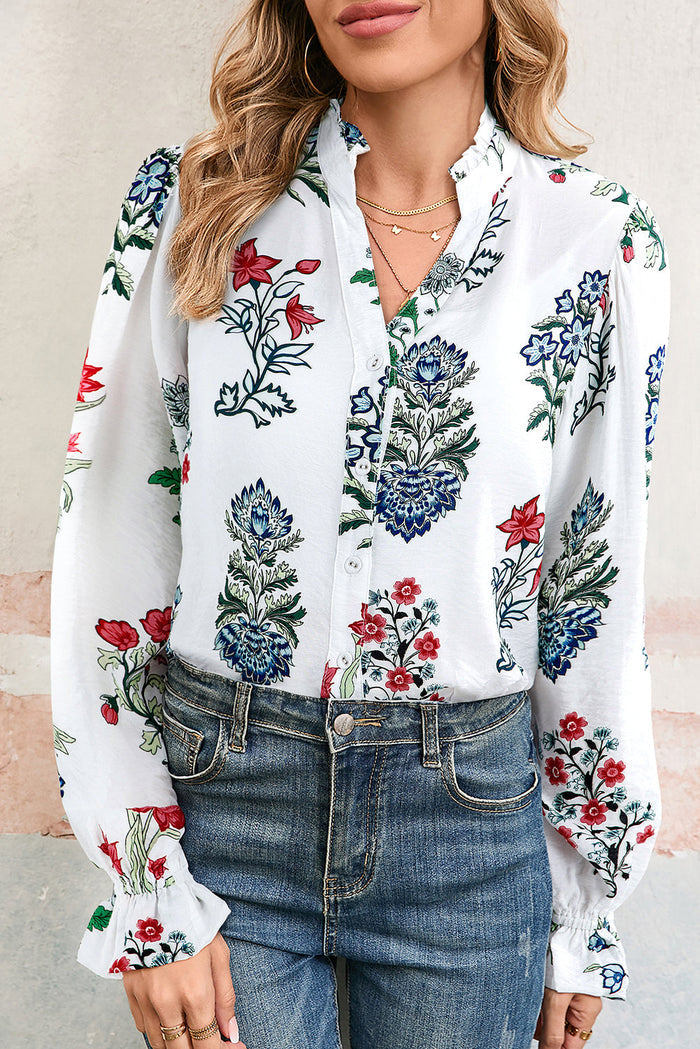 White Floral Print Frilled Collar V-Neck Long Sleeve Shirt - S - Tops/Blouses & Shirts