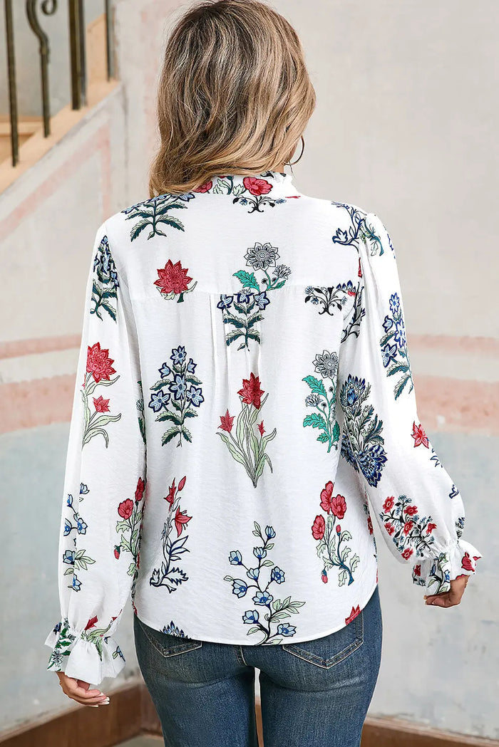 White Floral Print Frilled Collar V-Neck Long Sleeve Shirt - Tops/Blouses & Shirts