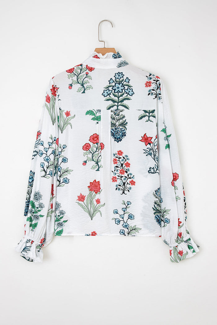 White Floral Print Frilled Collar V-Neck Long Sleeve Shirt - Tops/Blouses & Shirts