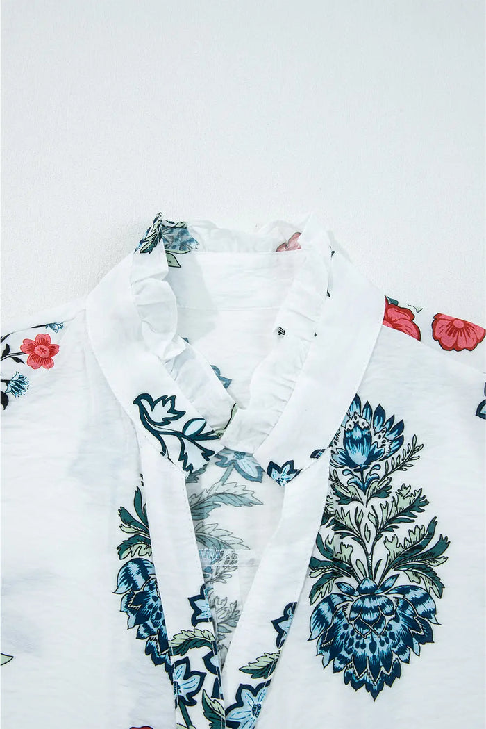 White Floral Print Frilled Collar V-Neck Long Sleeve Shirt - Tops/Blouses & Shirts