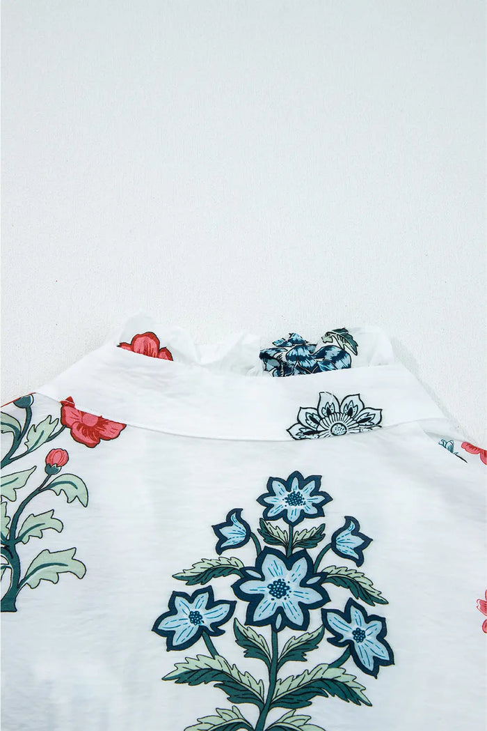 White Floral Print Frilled Collar V-Neck Long Sleeve Shirt - Tops/Blouses & Shirts