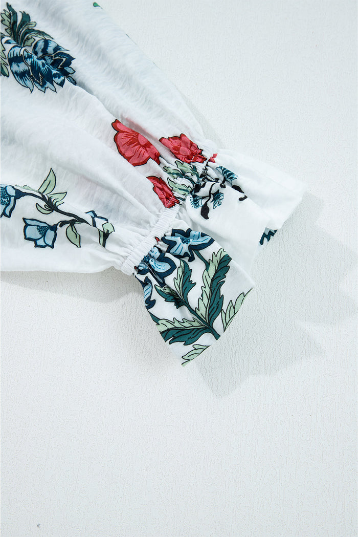 White Floral Print Frilled Collar V-Neck Long Sleeve Shirt - Tops/Blouses & Shirts
