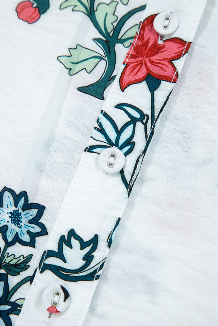 White Floral Print Frilled Collar V-Neck Long Sleeve Shirt - Tops/Blouses & Shirts