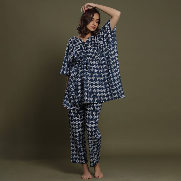 White Glitched Mandala On Blue Kaftan Pyjama JISORA