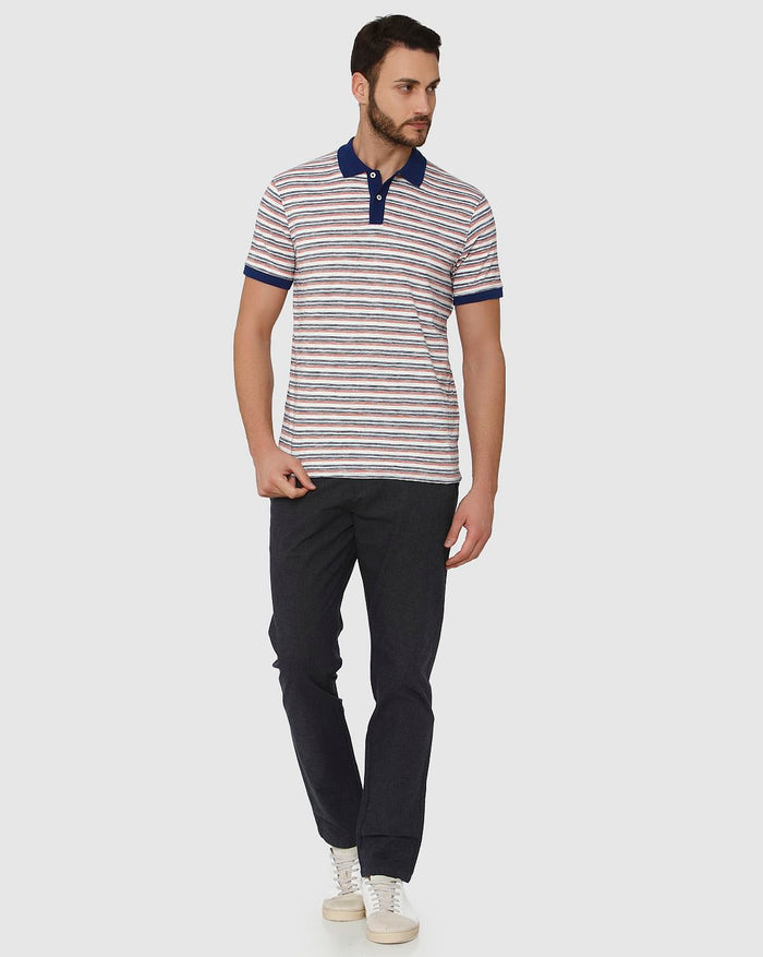 White Striped Contrast Tipping Polo Neck T-Shirt